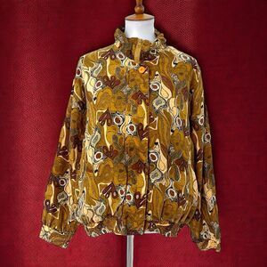 Vintage 100% Silk Abstract Art-to-Wear Bomber Jacket Windbreaker 1X Brown Geo